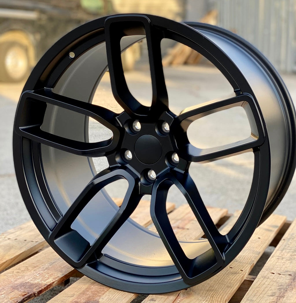 20-inch Hellcat style matte black wheels by OE Style Wheels, designed for Dodge Challenger and Charger SRT, GT, RT, SXT, and Scat Pack.