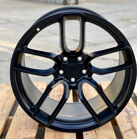 20-inch matte black Hellcat style wheels from OE Style Wheels, designed for Dodge Challenger and Charger models.