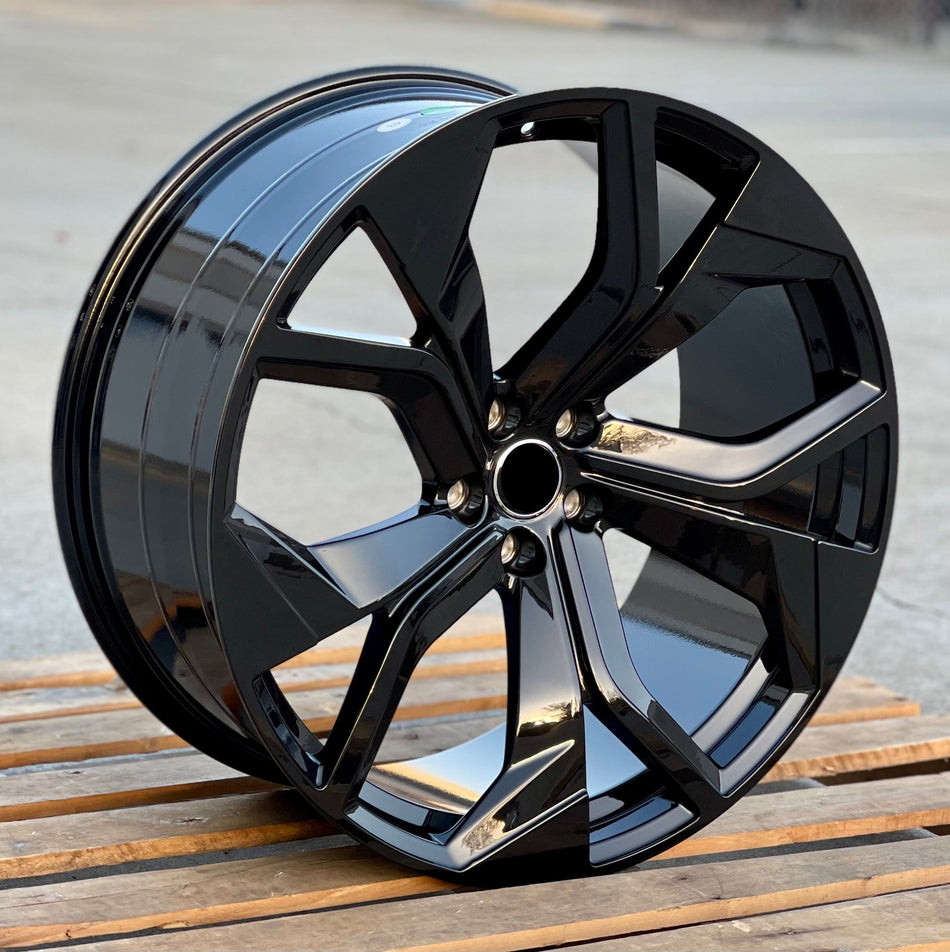 20-inch OE Style Wheels RS Gloss Black rims on an Audi A5 and Q7, showcasing sleek, glossy black automotive wheels.