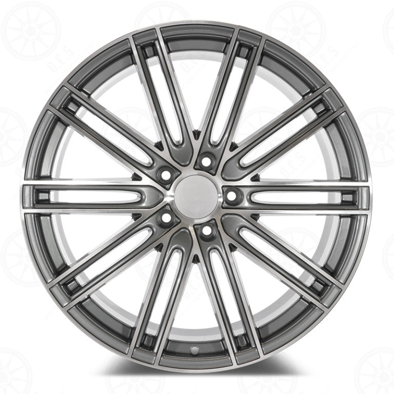22-inch OE Style Wheels in gunmetal with machined accents, fitting Porsche Panamera 4 GTS, Hybrid, Turbo, Sport, and Cayenne models.