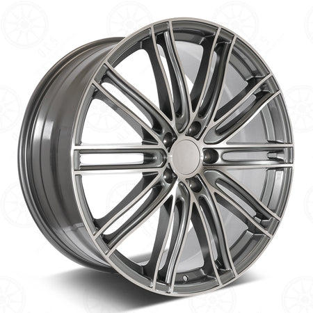 22-inch OE Style Wheels with gunmetal finish and machined accents, fits Porsche Panamera 4 GTS, Turbo, Hybrid, and Cayenne SUVs.