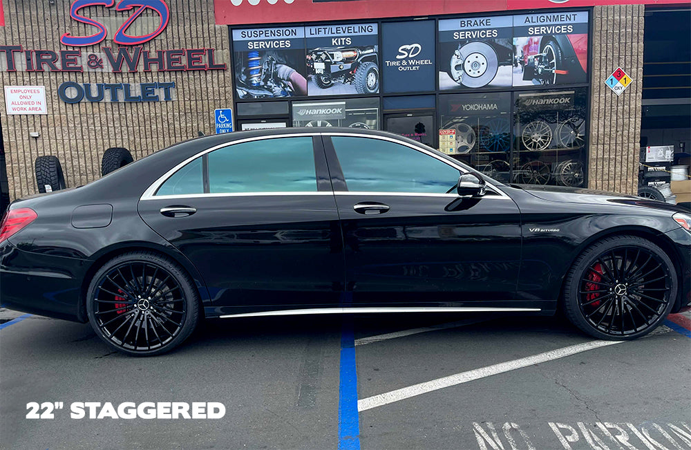 22-inch AMG style gloss black Mercedes wheels by OE Style Wheels, fitting CLS, S, GLE, and GLS models.