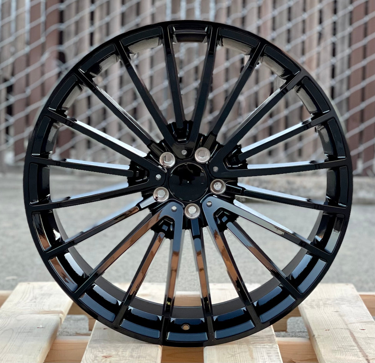 22-inch AMG style gloss black wheels by OE Style Wheels, designed for Mercedes CLS, S, GLE, GLS models, showcasing sleek automotive rims.