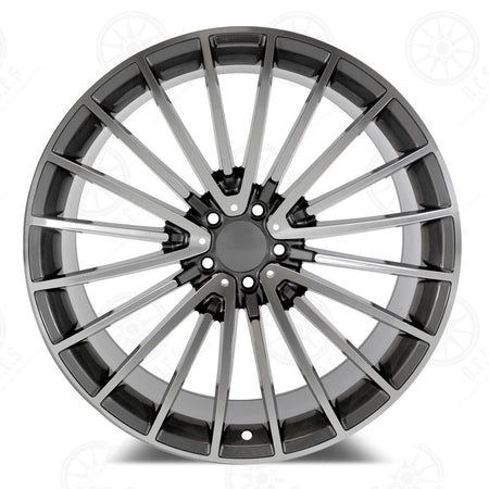 22-inch AMG style gunmetal machined staggered wheels for Mercedes-Benz E-Class, CLS, and S-Class models by OE Style Wheels.