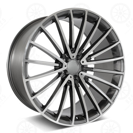 22-inch AMG style gunmetal machined staggered wheels for Mercedes-Benz E-Class, CLS, and S-Class by OE Style Wheels.
