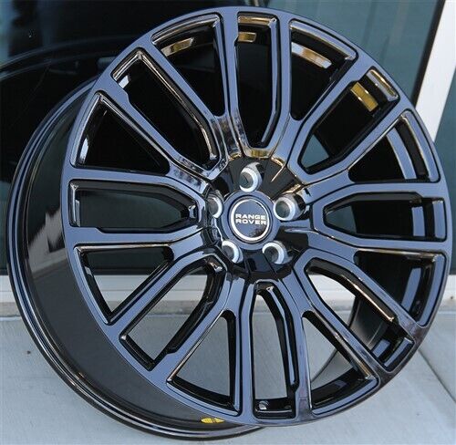22-inch gloss black OE Style Wheels for Range Rover Defender, Discovery, LR3, LR4, HSE, Sport, SVR, Supercharged, and Dynamic models.