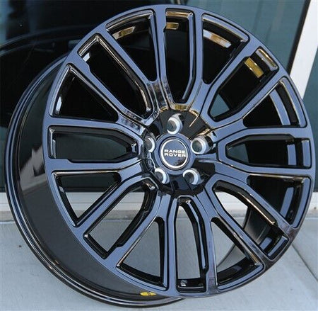 22-inch gloss black OE Style Wheels for Range Rover Defender, Discovery, LR3, LR4, HSE, Sport, SVR, Supercharged, and Dynamic models.