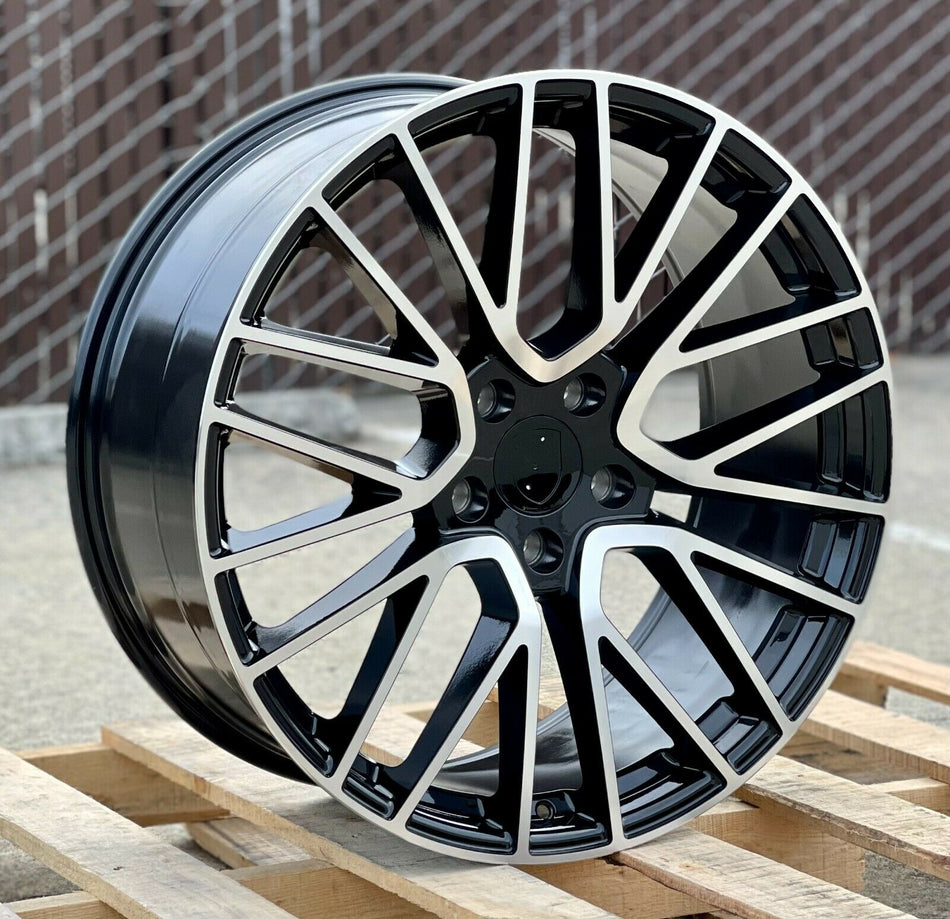 22-inch OE Style Wheels coupe-style black machined rims on a Porsche Cayenne GTS Diesel Hybrid Turbo, showing detailed wheel design.