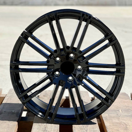 22-inch GTS style gloss black wheels for Porsche Cayenne GTS Diesel Hybrid Turbo by OE Style Wheels, showcasing sleek automotive rims.