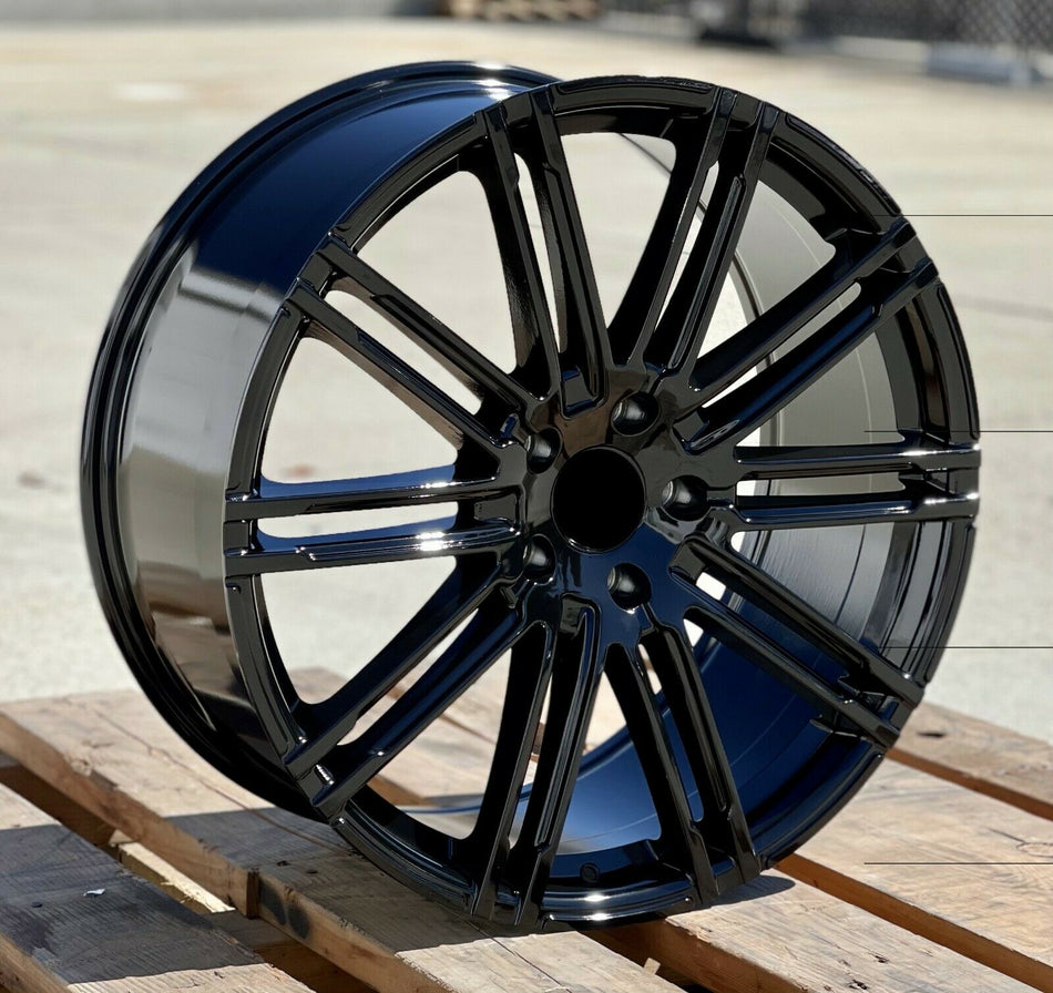 Gloss black 22-inch GTS style wheels by OE Style Wheels on a Porsche Cayenne GTS Diesel Hybrid Turbo.