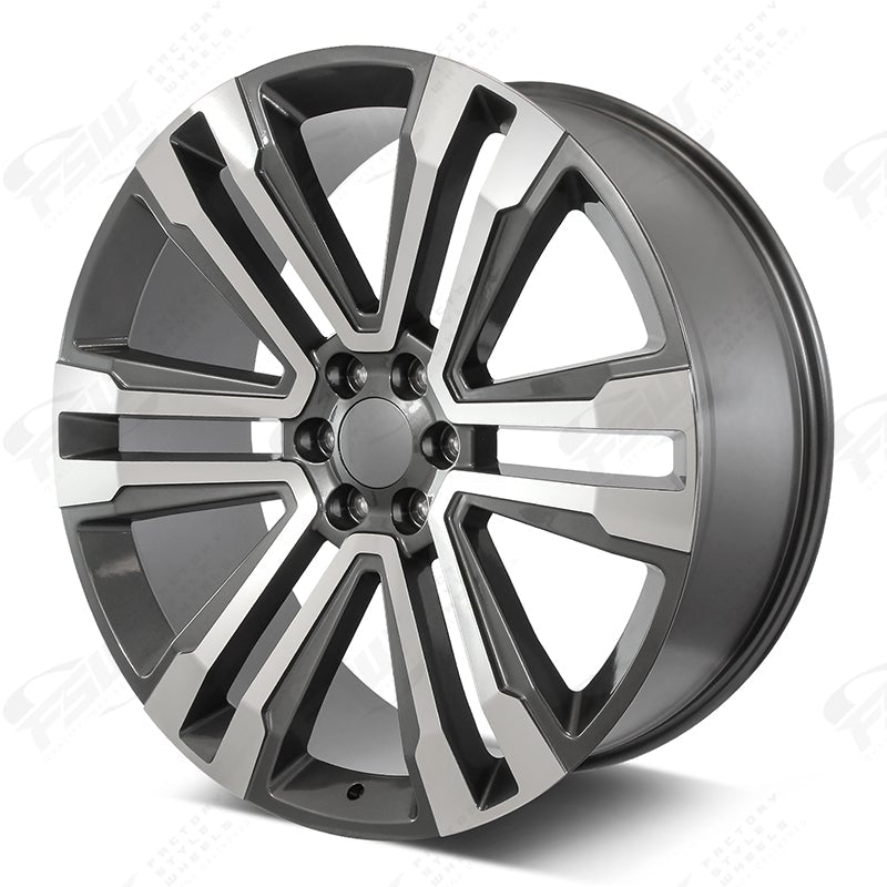 22-inch OE Style Wheels SLT style machined gunmetal rims on Cadillac Escalade, Chevy Silverado, GMC Yukon, and more.