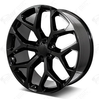 22-inch gloss black Snowflake style wheels by OE Style Wheels for Chevy Silverado, Suburban, Tahoe, GMC Sierra, Yukon vehicles.