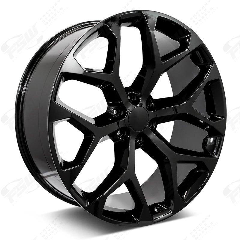 22-inch snowflake style gloss black wheels by OE Style Wheels, fits Chevy Silverado, Suburban, Tahoe, GMC Sierra, Yukon.