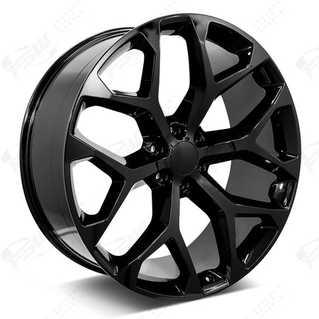 22-inch snowflake style gloss black wheels by OE Style Wheels, fits Chevy Silverado, Suburban, Tahoe, GMC Sierra, Yukon.