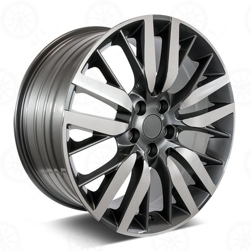 22-inch gunmetal machined automotive rims by OE Style Wheels, fitting Range Rover Defender, Discovery, LR3, LR4, HSE Sport, SVR, and Autobiography.