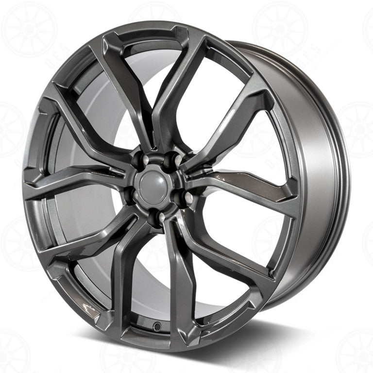 22-inch SVR style gunmetal wheels by OE Style Wheels, designed for Range Rover Defender, Discovery, LR3, LR4, HSE, Sport, SVR, and Autobiography.