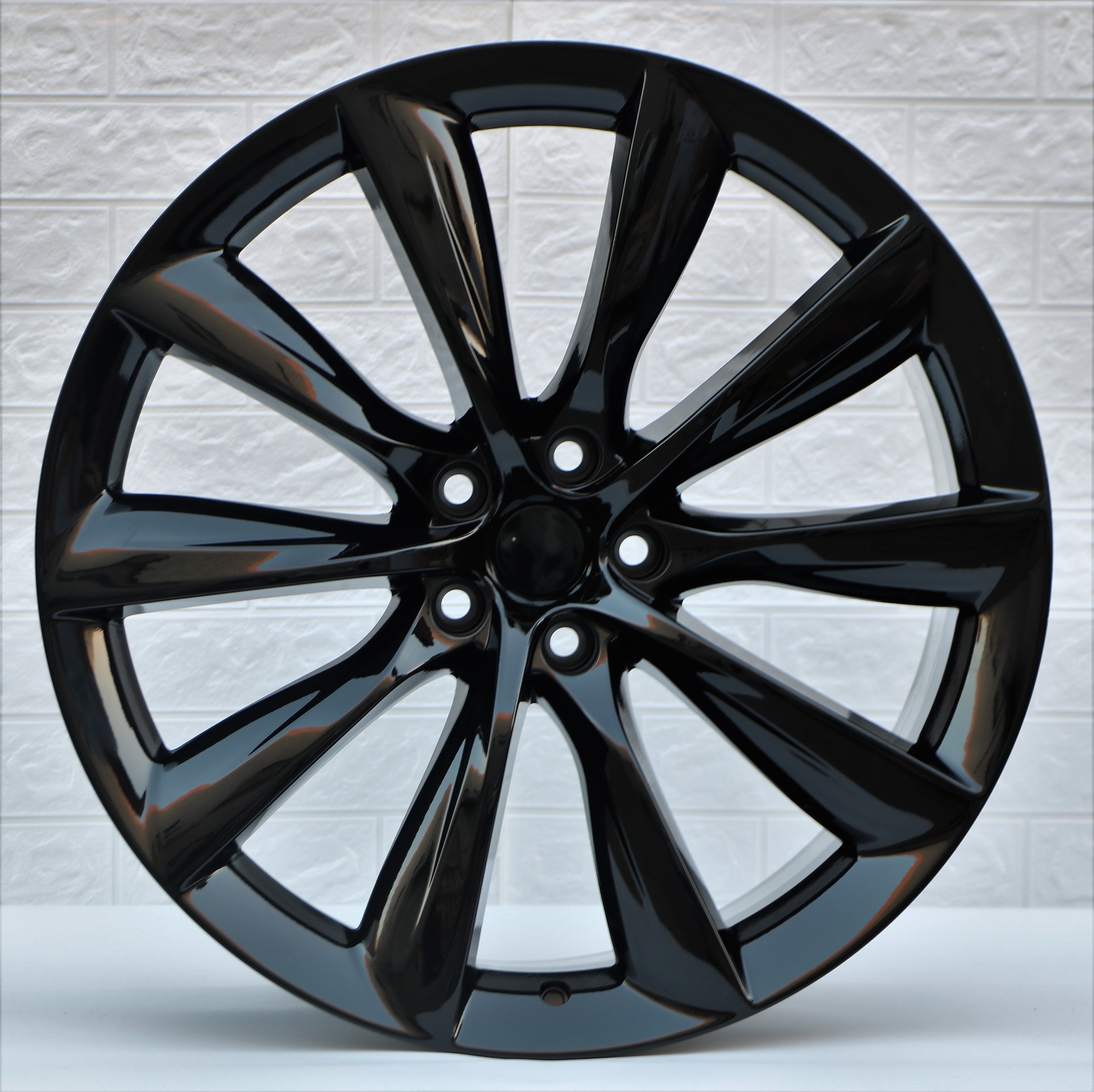 22-inch OE Style Wheels turbine design in gloss black, fits Tesla Model Y AWD, RWD, Long Range, and Performance vehicles.