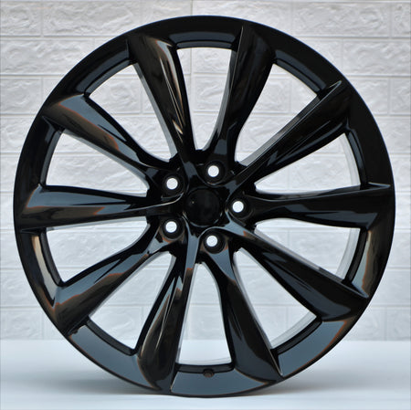 22-inch OE Style Wheels turbine design in gloss black, fits Tesla Model Y AWD, RWD, Long Range, and Performance vehicles.