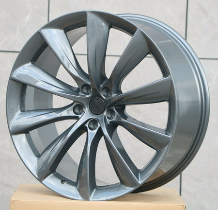 22-inch gunmetal turbine-style wheels for Tesla Model S and X from OE Style Wheels, showcasing the sleek design and fitment details.