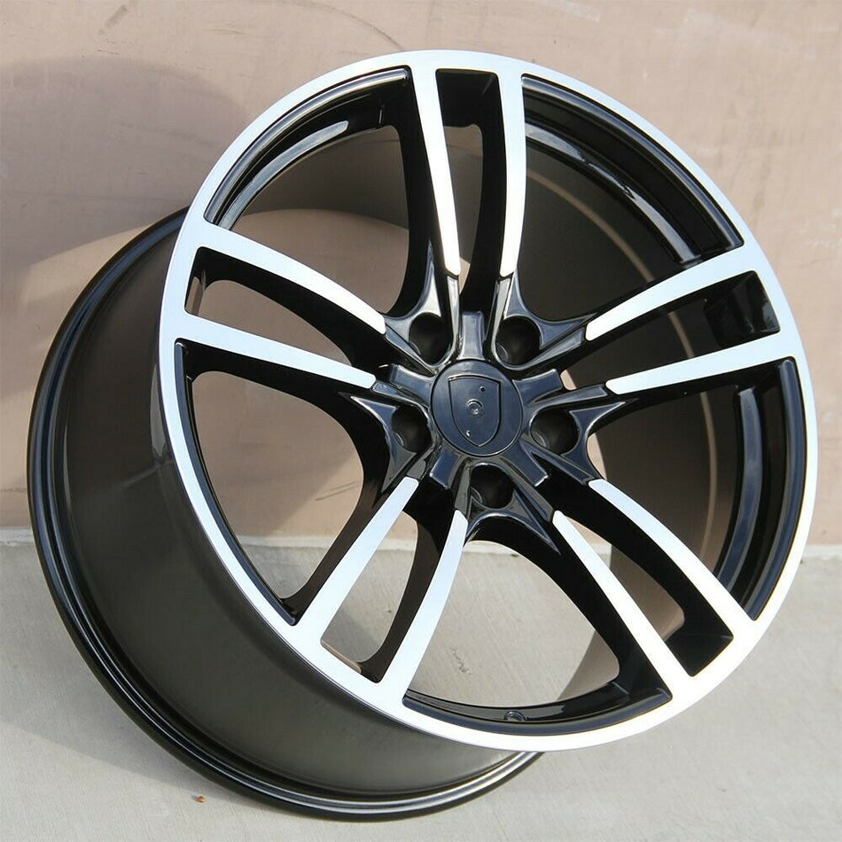 22-inch OE Style Wheels Turbo Style black machined rims installed on a Porsche Cayenne GTS Diesel Hybrid Turbo, showcasing sleek automotive design.