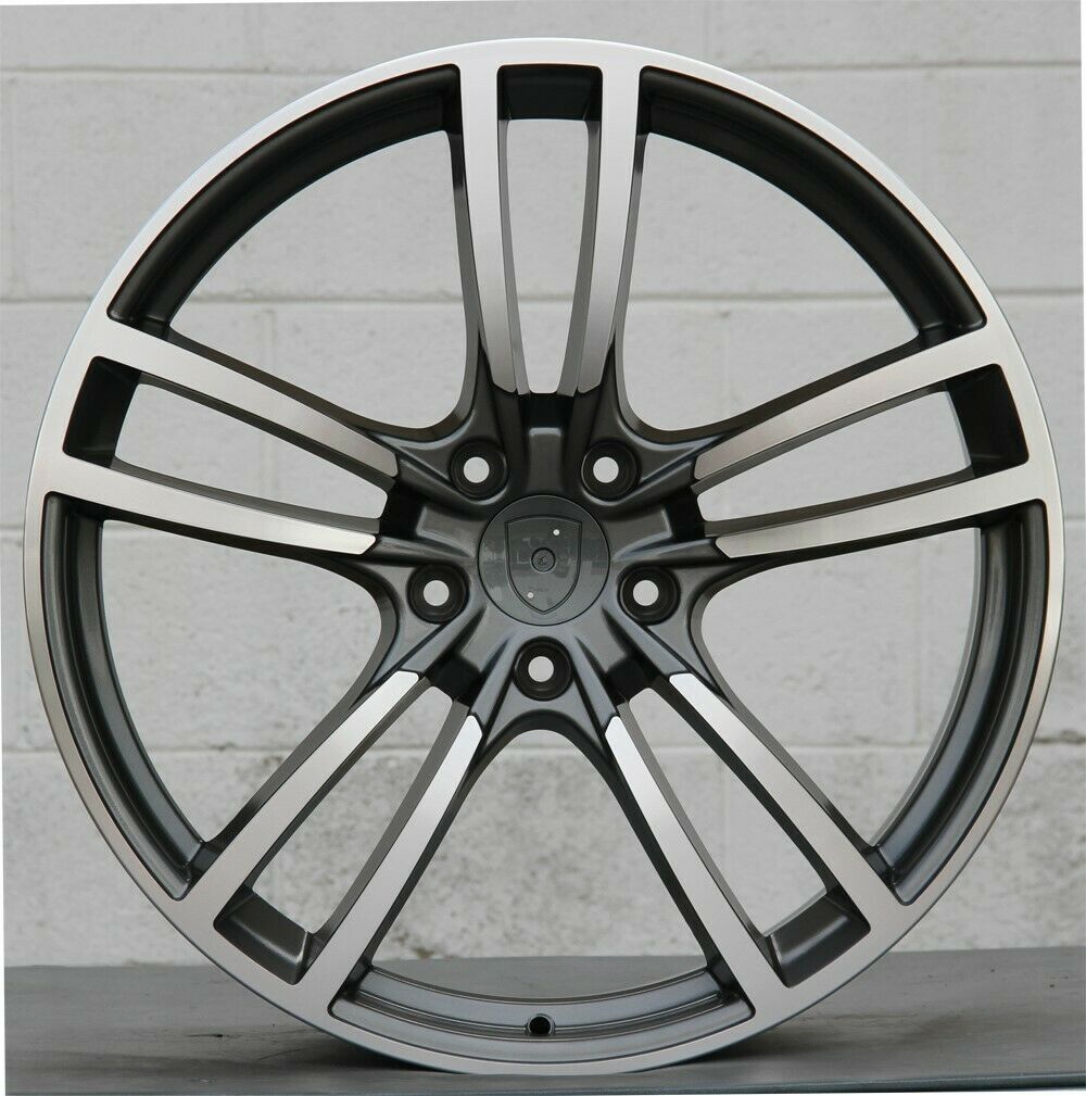 22-inch gunmetal machined Turbo Style wheels by OE Style Wheels on a Porsche Cayenne GTS, Diesel Hybrid, showcasing sleek automotive rims.