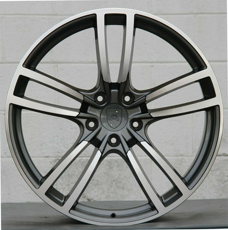 22-inch gunmetal machined Turbo Style wheels by OE Style Wheels on a Porsche Cayenne GTS, Diesel Hybrid, showcasing sleek automotive rims.
