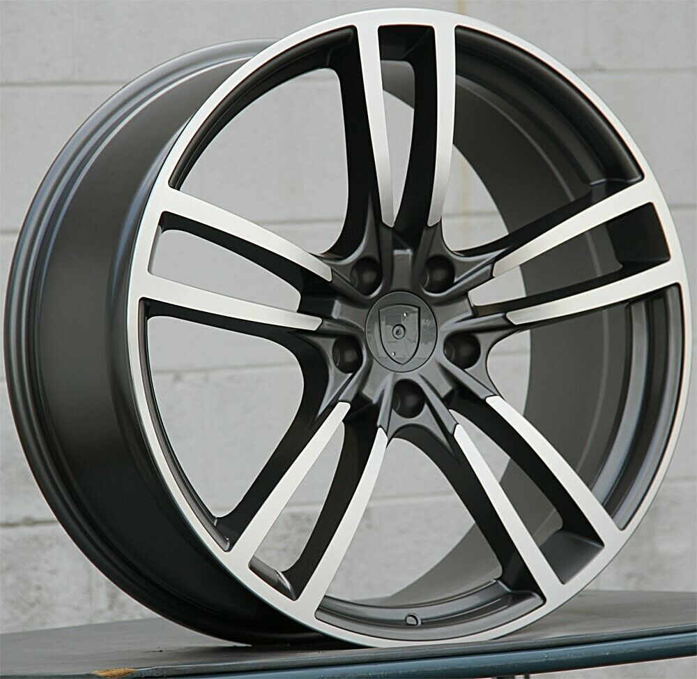 22-inch gunmetal machined turbo-style wheels by OE Style Wheels fitted on Porsche Cayenne GTS Diesel Hybrid turbo SUV.
