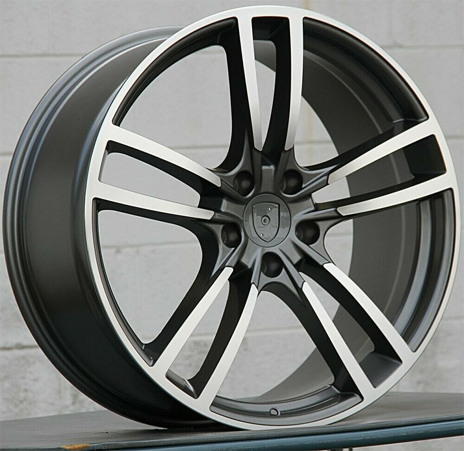 22-inch gunmetal machined turbo-style wheels by OE Style Wheels fitted on Porsche Cayenne GTS Diesel Hybrid turbo SUV.