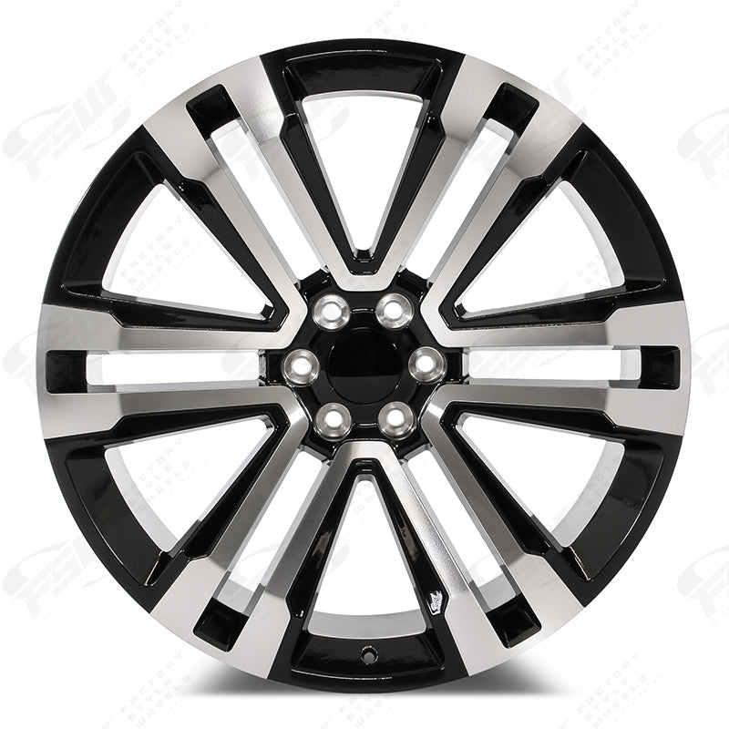 24-inch OE Style Wheels SLT Machined Black rims for Cadillac Escalade, Chevy Silverado, GMC Yukon, Tahoe, Sierra, Suburban, and Yukon models.