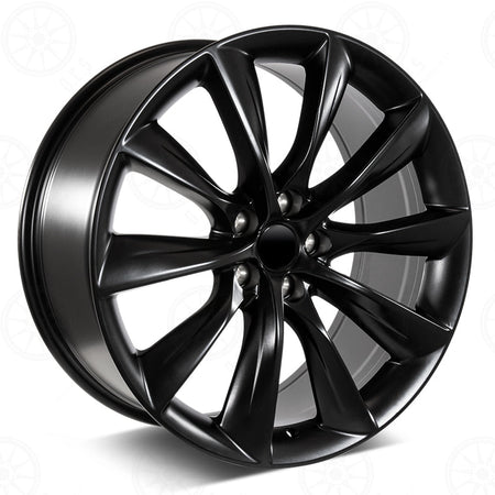 21-inch matte black turbine-style wheels by OE Style Wheels for Tesla Model S and X, showcasing sleek wheel design.