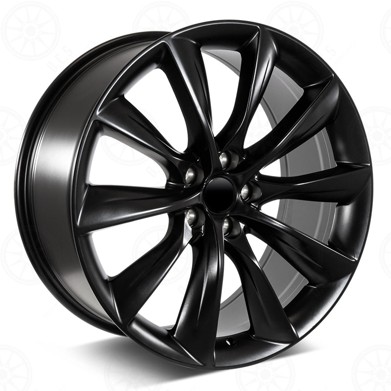 21-inch matte black turbine-style wheels by OE Style Wheels for Tesla Model S and X, showcasing sleek wheel design.