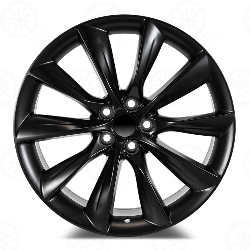 21-inch matte black turbine-style wheels by OE Style Wheels fitted on Tesla Model S and X, showing the sleek design and finish.