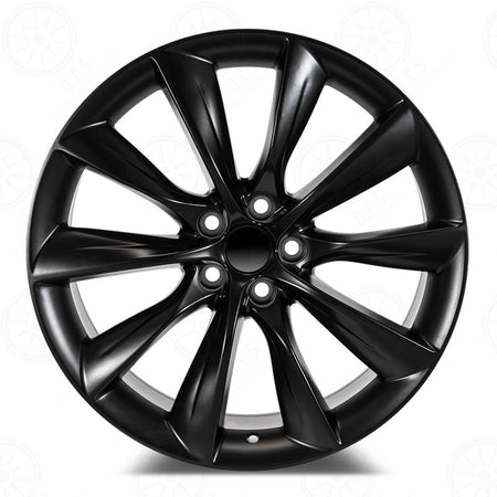 21-inch matte black turbine-style wheels by OE Style Wheels fitted on Tesla Model S and X, showing the sleek design and finish.