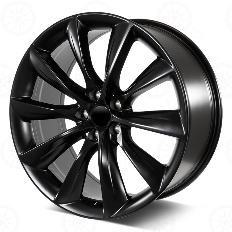 21-inch matte black turbine style wheels by OE Style Wheels, designed for Tesla Model S and X AWD and RWD.