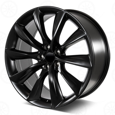 21-inch matte black turbine style wheels by OE Style Wheels, designed for Tesla Model S and X AWD and RWD.