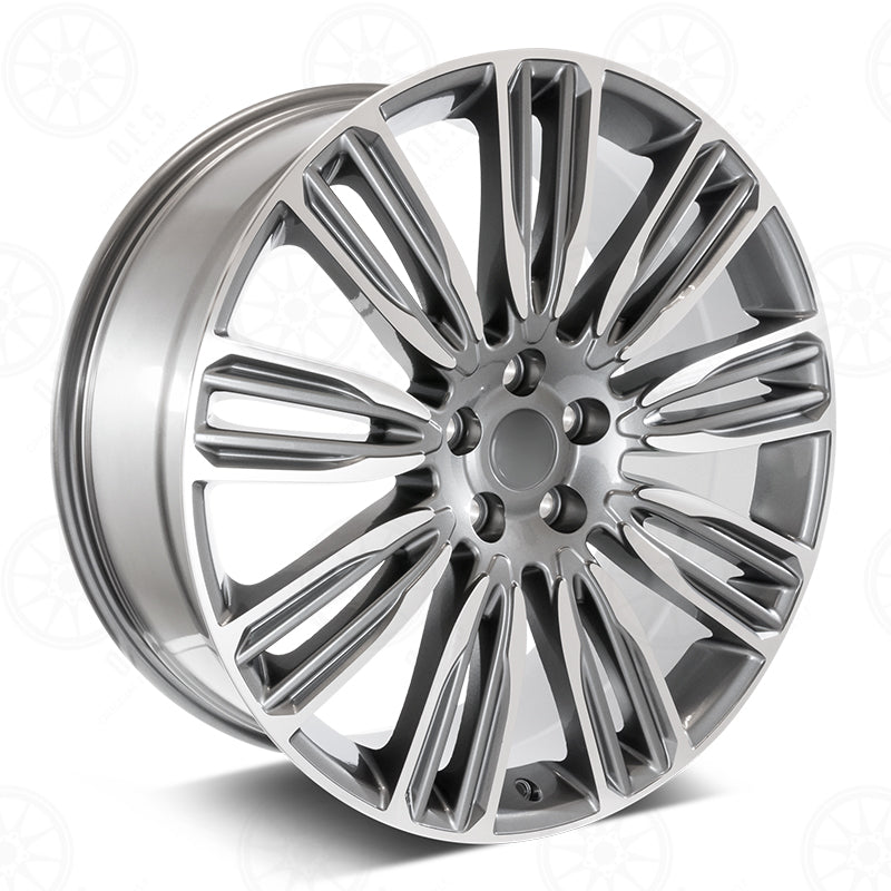 24-inch Gunmetal Machined Wheels by OE Style Wheels for Range Rover Evoque S, SE, Velar S, and SE models showing detailed wheel design.